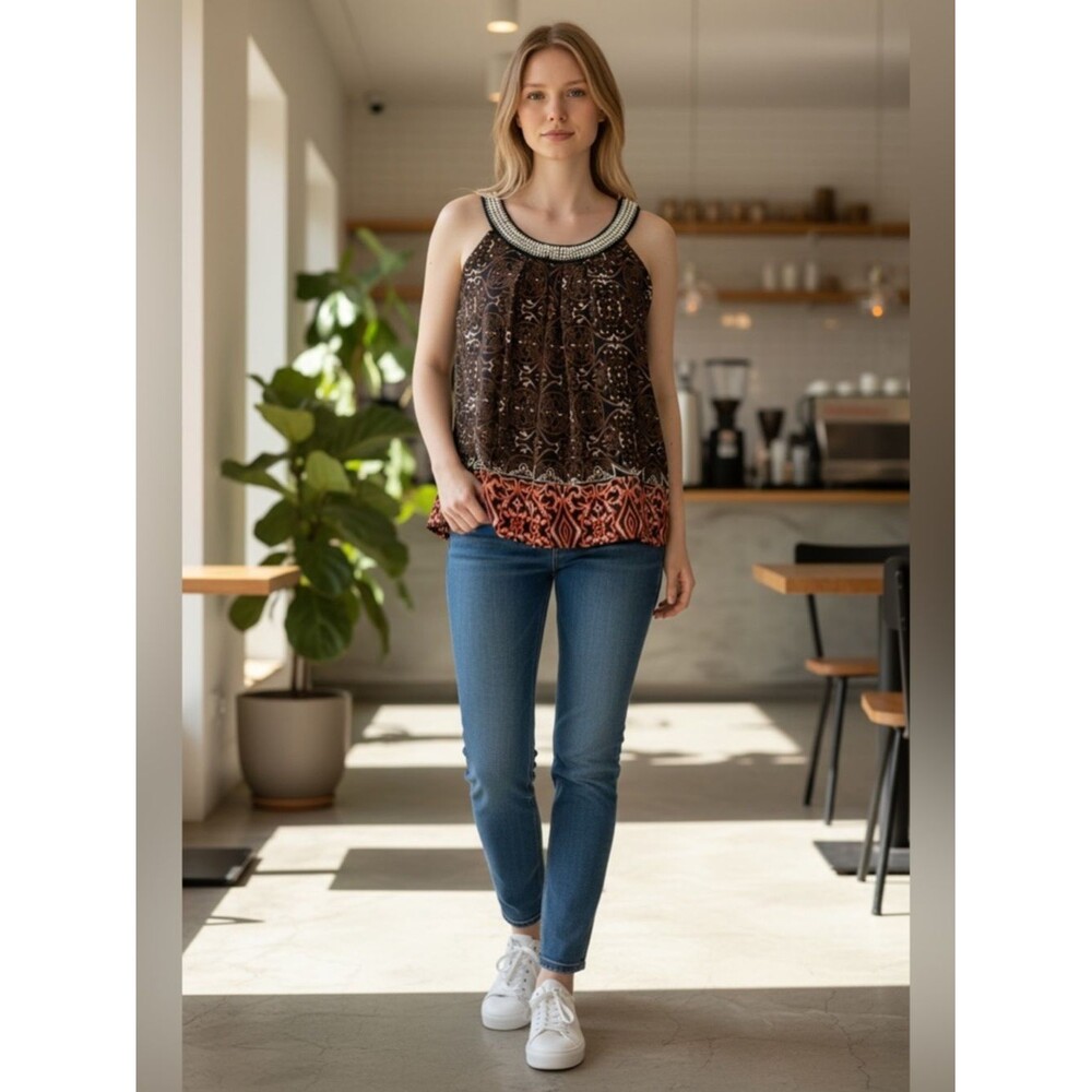 Zac & Rachel Sheer Beaded  Brown Boho Print- Sleeveless Lined Top Size XL